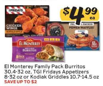 El Monterey Family Pack Burritos, TGI Fridays Appetizers, Kodiak Griddles