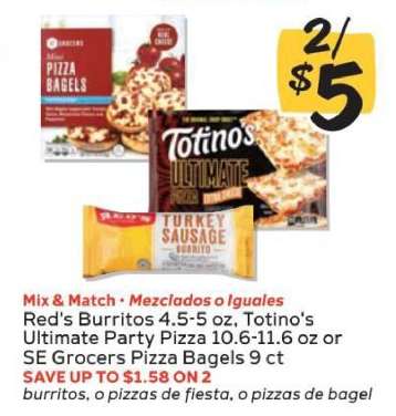 Red's Burritos, Totino's Ultimate Party Pizza, SE Grocers Pizza Bagels