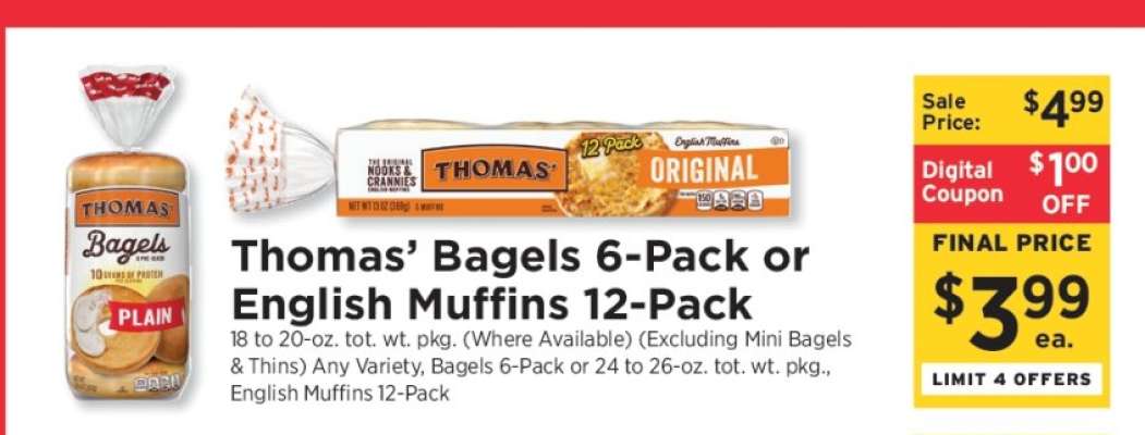 Thomas’ Bagels 6-Pack or English Muffins 12-Pack