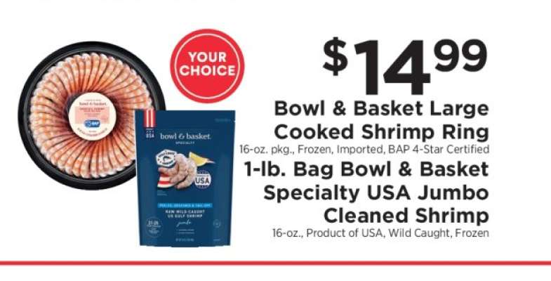 Bowl & Basket Large Cooked Shrimp Ring or 1-lb. Bag Bowl & Basket Specialty USA Jumbo Cleaned Shrimp