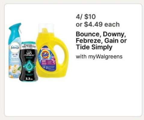 Bounce, Downy, Febreze, Gain or Tide Simply
