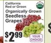 California Red or Green Organically Grown Seedless Grapes