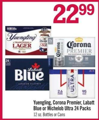 Yuengling, Corona Premier, Labatt Blue or Michelob Ultra 24 Packs