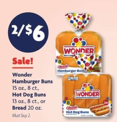 Wonder Hamburger Buns, Hot Dog Buns, or Bread