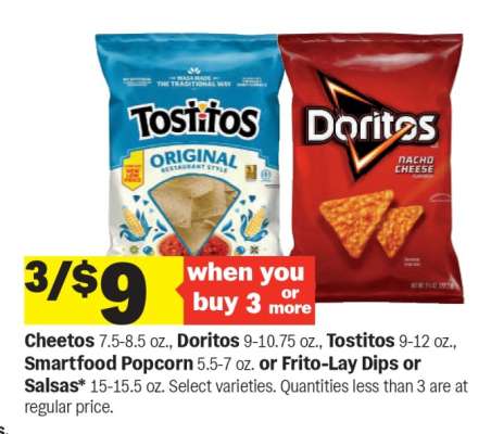 Cheetos, Doritos, Tostitos, Smartfood Popcorn, Frito-Lay Dips or Salsas