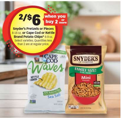 Snyder's Pretzels or Pieces / Cape Cod or Kettle Brand Potato Chips
