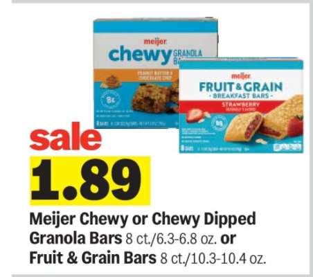 Meijer Chewy or Chewy Dipped Granola Bars or Fruit & Grain Bars
