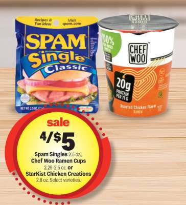 Spam Singles, Chef Woo Ramen Cups, StarKist Chicken Creations