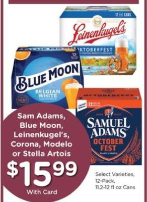 Sam Adams, Blue Moon, Leinenkugel's, Corona, Modelo or Stella Artois