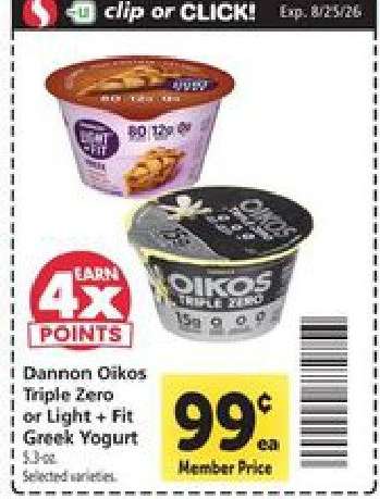 Dannon Oikos Triple Zero or Light + Fit Greek Yogurt
