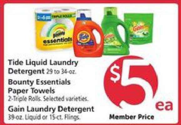 Tide Liquid Laundry Detergent, Bounty Essentials Paper Towels, Gain Laundry Detergent