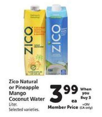 Zico Natural or Pineapple Mango Coconut Water