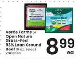 Verde Farms or Open Nature Grass-Fed 93% Lean Ground Beef