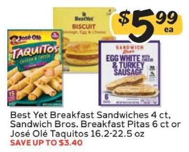 Best Yet Breakfast Sandwiches, Sandwich Bros. Breakfast Pitas, José Olé Taquitos