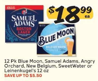 12 Pk Blue Moon, Samuel Adams, Angry Orchard, New Belgium, SweetWater or Leinenkugel's 12 oz