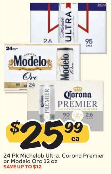 24 Pk Michelob Ultra, Corona Premier or Modelo Oro 12 oz