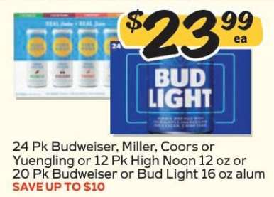 Budweiser, Miller, Coors, Yuengling, High Noon, Bud Light