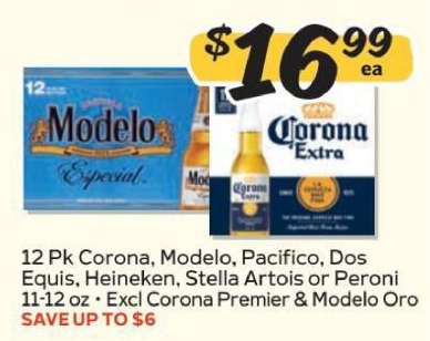 12 Pk Corona, Modelo, Pacifico, Dos Equis, Heineken, Stella Artois or Peroni
