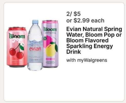 Evian Natural Spring Water, Bloom Pop or Bloom Flavored Sparkling Energy Drink
