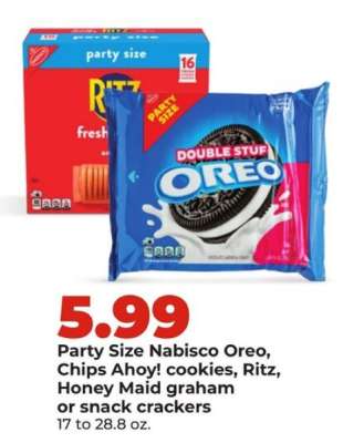 Party Size Nabisco Oreo, Chips Ahoy! cookies, Ritz, Honey Maid graham or snack crackers