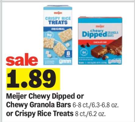 Meijer Chewy Dipped or Chewy Granola Bars or Crispy Rice Treats