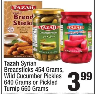 Tazah Syrian Breadsticks 454 Grams, Wild Cucumber Pickles 640 Grams or Pickled Turnip 660 Grams