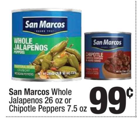 San Marcos Whole Jalapenos 26 oz or Chipotle Peppers 7.5 oz
