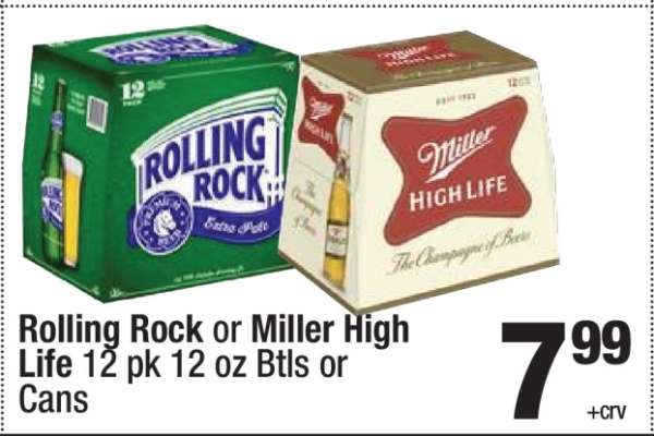Rolling Rock or Miller High Life 12 pk 12 oz Btls or Cans
