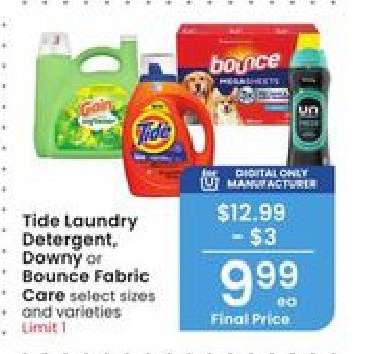 Tide Laundry Detergent, Downy or Bounce Fabric Care