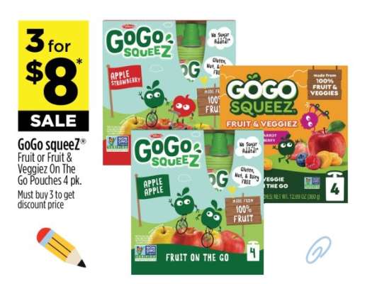 GoGo squeeZ Fruit or Fruit & VeggieZ On The Go Pouches 4 pk.