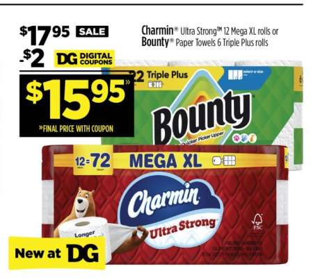Charmin Ultra Strong 12 Mega XL rolls or Bounty Paper Towels 6 Triple Plus rolls