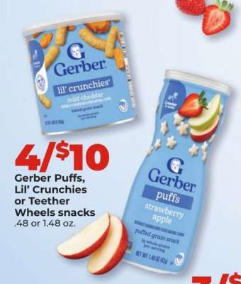 Gerber Puffs, Lil Crunchies or Teether Wheels snacks