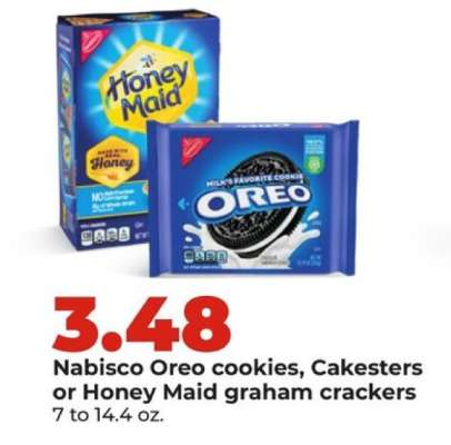 Nabisco Oreo cookies, Cakesters or Honey Maid graham crackers