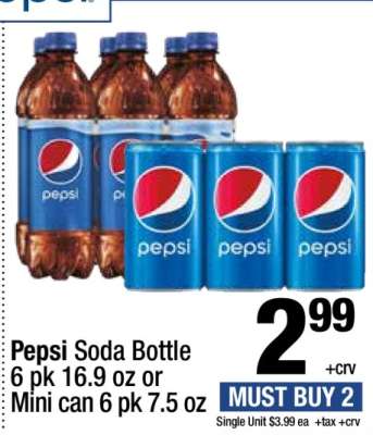 Pepsi Soda Bottle 6 pk 16.9 oz or Mini can 6 pk 7.5 oz