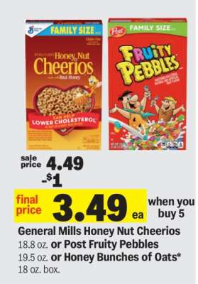 General Mills Honey Nut Cheerios or Post Fruity Pebbles or Honey Bunches of Oats