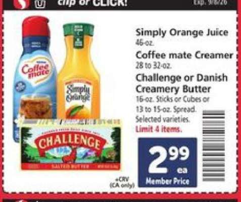 Simply Orange Juice, Coffee mate Creamer, Challenge or Danish Creamery Butter