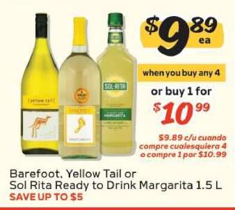 Barefoot, Yellow Tail or Sol Rita Ready to Drink Margarita 1.5 L