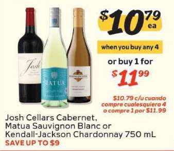 Josh Cellars Cabernet, Matua Sauvignon Blanc or Kendall-Jackson Chardonnay