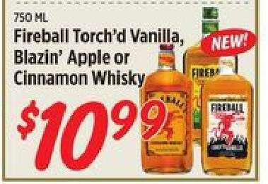 Fireball Torch'd Vanilla, Blazin' Apple or Cinnamon Whisky