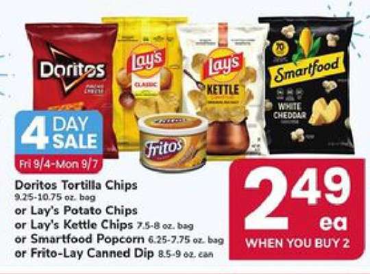 Doritos Tortilla Chips or Lay's Potato Chips or Lay's Kettle Chips or Smartfood Popcorn or Frito-Lay Canned Dip