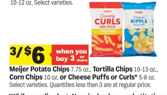 Meijer Potato Chips, Tortilla Chips, Corn Chips, Cheese Puffs or Curls