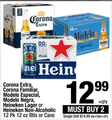 Corona Extra, Corona Familiar, Modelo Especial, Modelo Negra, Heineken Lager or Heineken Non-Alcoholic