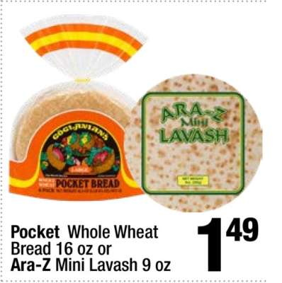 Pocket Whole Wheat Bread 16 oz or Ara-Z Mini Lavash 9 oz