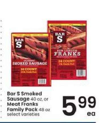 Bar S Smoked Sausage or Meat Franks Family Pack