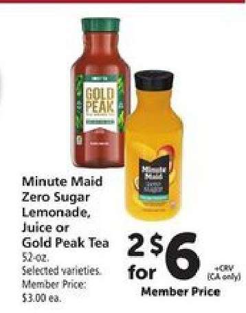 Minute Maid Zero Sugar Lemonade, Juice or Gold Peak Tea