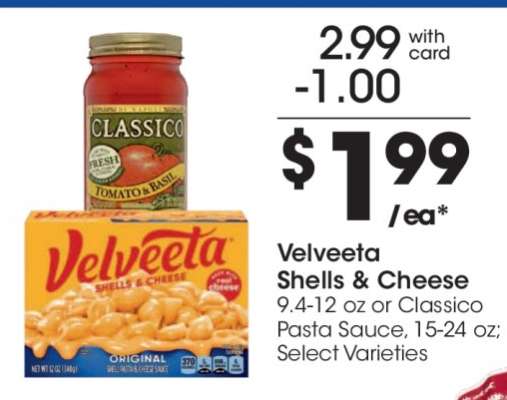 Velveeta Shells & Cheese or Classico Pasta Sauce