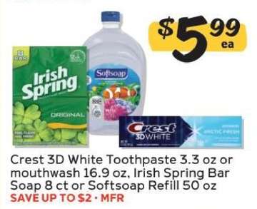 Crest 3D White Toothpaste or Mouthwash, Irish Spring Bar Soap, Softsoap Refill