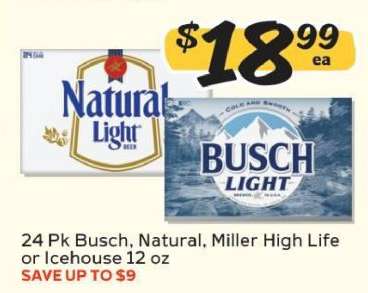 24 Pk Busch, Natural, Miller High Life or Icehouse 12 oz