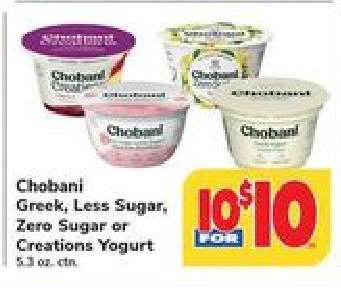 Chobani Greek, Less Sugar, Zero Sugar or Creations Yogurt