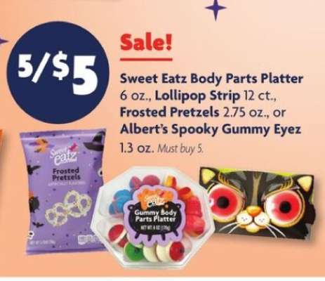 Sweet Eatz Body Parts Platter, Lollipop Strip, Frosted Pretzels, Albert’s Spooky Gummy Eyez